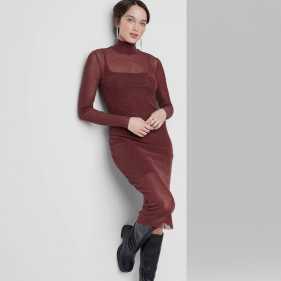 ❤️SOLD ❤️ Wine Glitter Sheer Ling sleeve Dress - Picture 1 of 3